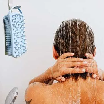 2 PC Silicone Exfoliating Body Scrubber, 2 in 1 Silicone Body Shampoo Brush, Soft Silicone Loofah for Sensitive Skin, Shower Silicone Hair Scalp Massager, Easy to Clean, Lather Well (Pink&Blue)