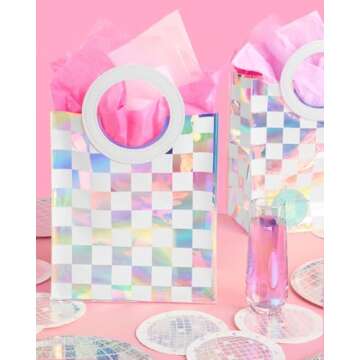 xo, Fetti Clear Iridescent + White Checkered PVC Bag Set - 6 pcs. | Birthday Party Gift, Bachelorette Bag, Bach Party Favor, Kids Bday Decoration, Fun Event Gift Wrap