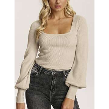 Imily Bela Womens Square Neck Long Sleeve Sweaters Casual Ribbed Knit Fitted Pullover Tops Apricot