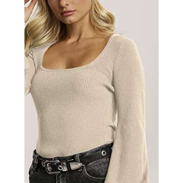 Imily Bela Womens Square Neck Long Sleeve Sweaters Casual Ribbed Knit Fitted Pullover Tops Apricot