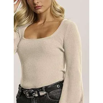 Imily Bela Womens Square Neck Long Sleeve Sweaters Casual Ribbed Knit Fitted Pullover Tops Apricot