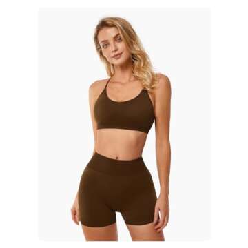 ABOCIW Womens Workout Sets Seamless Criss Cross Back Sports Bra V Back Scrunch Butt Lifting High Waist Biker Shorts 2 Piece Yoga Gym Sets Brown Medium