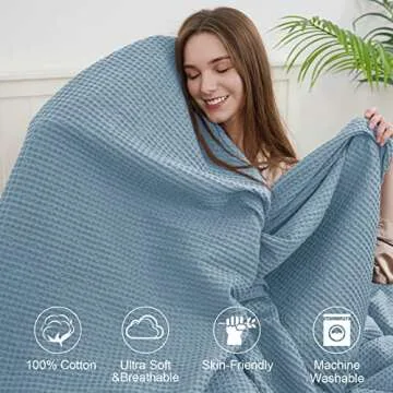 PHF 100% Cotton Waffle Weave Blanket King Size 104" x 90" - Lightweight Cozy Washed Soft Breathable ...