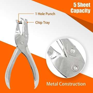 1 Hole Punch, Single Hole Puncher, 8 Sheet Capacity, Ultimate Stationery, Silver Color, 2 Pack Class...