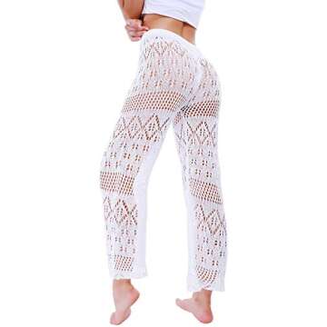 Womens Cover Up Pants Lace Swimsuits Pants Hollow Out Crochet High Waist Mesh Swimsuits Pants for Beach Bikini White