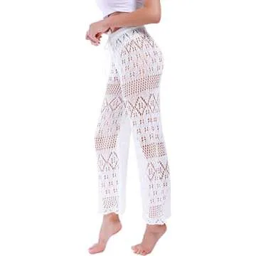 Womens Cover Up Pants Lace Swimsuits Pants Hollow Out Crochet High Waist Mesh Swimsuits Pants for Beach Bikini White