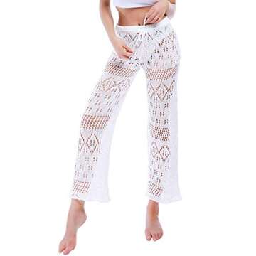 Womens Cover Up Pants Lace Swimsuits Pants Hollow Out Crochet High Waist Mesh Swimsuits Pants for Beach Bikini White