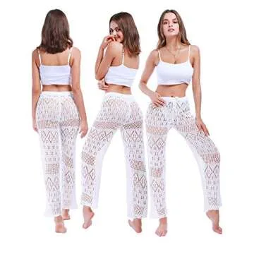 Womens Cover Up Pants Lace Swimsuits Pants Hollow Out Crochet High Waist Mesh Swimsuits Pants for Beach Bikini White