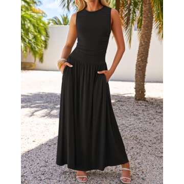 ZESICA Women's Summer Sleeveless Maxi Dress 2025 Casual Crewneck Pleated Flowy Long Dress with Pocke...