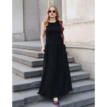 ZESICA Women's Flowy Maxi Dress with Pockets, Black