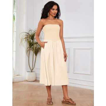 Livtany Women Off Shoulder Midi Dress Strapless Sleeveless Drop-Waist A Line Tube Dress Trendy Summer Swing Patchwork Dress Beige