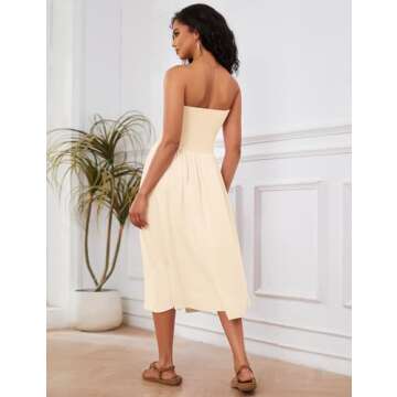 Livtany Women Off Shoulder Midi Dress Strapless Sleeveless Drop-Waist A Line Tube Dress Trendy Summer Swing Patchwork Dress Beige