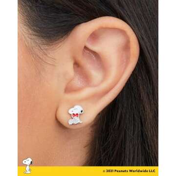 Peanuts Women’s Snoopy Heart Earrings - Silver Plate and Enamel Snoopy Stud Earrings