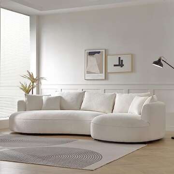 WILLIAMSPACE 124.8" Modern Curved Sofa Couch, Upholstery Boucle Sofa Couch with Pillows, Right Hand Facing Sectional Boucle Fabric Couch for Living Room (Right-Facing,Light Cream)