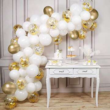 Gold Balloons,DIY Balloon Arch Kit - 12 Inch Balloons 52 PCS -White, Gold,Confetti Balloons, with Ribbon and Tape Strips,for Birthday, Wedding, Baby Shower Party,Halloween Decoration
