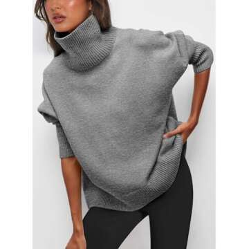 PRETTYGARDEN Women's Turtleneck Oversized Sweater Long Sleeve Chunky Knit Pullover Casual Winter Jumper Tops (Grey,Large)