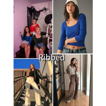 Zeagoo Women's Long Sleeve Ribbed Slim Fitted Shirts Square Neck Casual Basic Y2K Crop Tops Black
