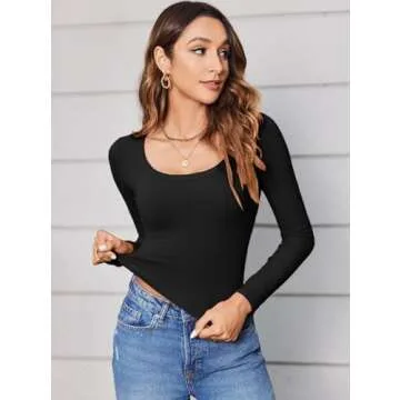 Zeagoo Women's Long Sleeve Ribbed Slim Fitted Shirts Square Neck Casual Basic Y2K Crop Tops Black