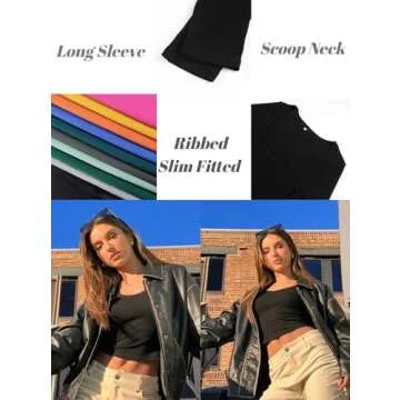 Zeagoo Women's Long Sleeve Ribbed Slim Fitted Shirts Square Neck Casual Basic Y2K Crop Tops Black