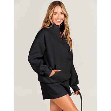 ANRABESS Women 2 Piece Outfits Sweatshirt Shorts Sets 2024 Oversized Casual Lounge Sweat Set Sweatsuit Workout Tracksuit Black Large