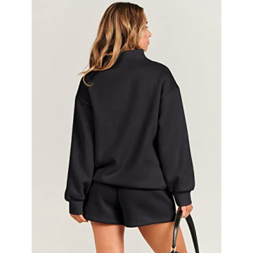 ANRABESS Women 2 Piece Outfits Sweatshirt Shorts Sets 2024 Oversized Casual Lounge Sweat Set Sweatsuit Workout Tracksuit Black Large