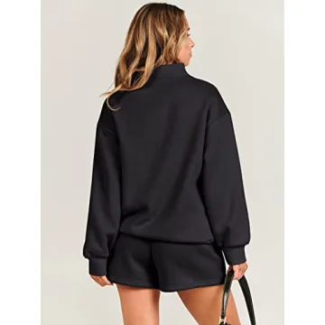 ANRABESS Women 2 Piece Outfits Sweatshirt Shorts Sets 2024 Oversized Casual Lounge Sweat Set Sweatsuit Workout Tracksuit Black Large