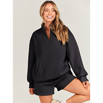 ANRABESS Women 2 Piece Outfits Sweatshirt Shorts Sets 2024 Oversized Casual Lounge Sweat Set Sweatsuit Workout Tracksuit Black Large