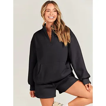 ANRABESS Women 2 Piece Outfits Sweatshirt Shorts Sets 2024 Oversized Casual Lounge Sweat Set Sweatsuit Workout Tracksuit Black Large