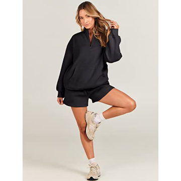 ANRABESS Women 2 Piece Outfits Sweatshirt Shorts Sets 2024 Oversized Casual Lounge Sweat Set Sweatsuit Workout Tracksuit Black Large