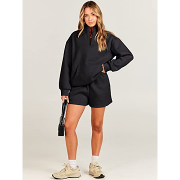 ANRABESS Women 2 Piece Outfits Sweatshirt Shorts Sets 2024 Oversized Casual Lounge Sweat Set Sweatsuit Workout Tracksuit Black Large