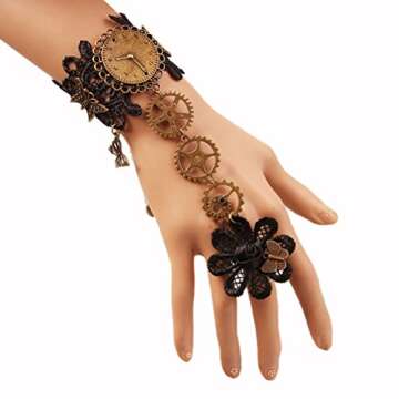 Charm.L Grace Gothic Black Lace Bracelet Steampunk Vampire Slave Flowers Wristband Ring Wedding Acce...