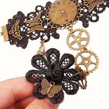Gothic Black Lace Steampunk Bracelet & Ring Set