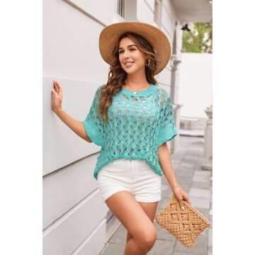 Summer Sweaters for Women 2025 Knitted Tops Short Sleeve Sweaters Round Neck Casual Crochet Pullover Sweater Powder Blue Small