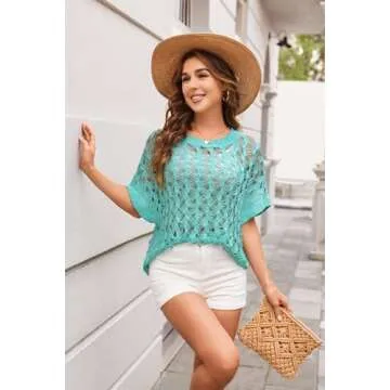 Summer Sweaters for Women 2025 Knitted Tops Short Sleeve Sweaters Round Neck Casual Crochet Pullover Sweater Powder Blue Small