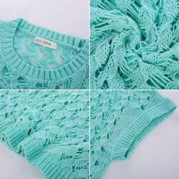 Summer Sweaters for Women 2025 Knitted Tops Short Sleeve Sweaters Round Neck Casual Crochet Pullover Sweater Powder Blue Small