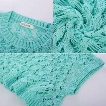 Summer Sweaters for Women 2025 Knitted Tops Short Sleeve Sweaters Round Neck Casual Crochet Pullover Sweater Powder Blue Small