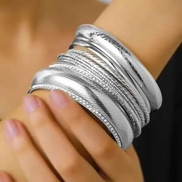 RINTOLER 10Pcs Silver Bangle Bracelets Set for Women - Multi Layer Stackable Textured Chunky Silver ...