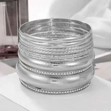 RINTOLER Silver Bangle Bracelets Set - Boho Chic Jewelry