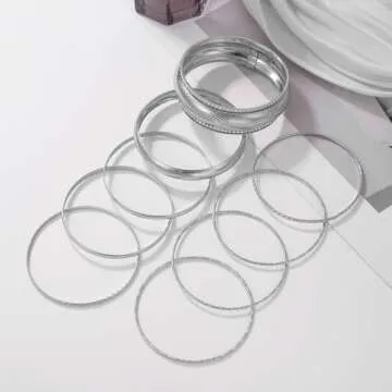 RINTOLER Silver Bangle Bracelets Set - Boho Chic Jewelry