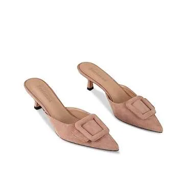 Fericzot Mule Slippers for Women,Slingback Buckle Pumps Pointed Toe Kitten Heels Shoes Slides Backless Dress Sandals Nude 8