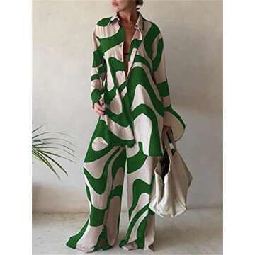 Mylleure Women 2 Piece Outfits Y2K Printed Casual Loose Fit Long Sleeve Button Down Shirt Blouse Top...