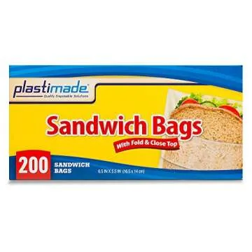 Plastimade Sandwich Bags With Fold & Close Top (6.5 in X 5.5) in 200 Count Pack of 4