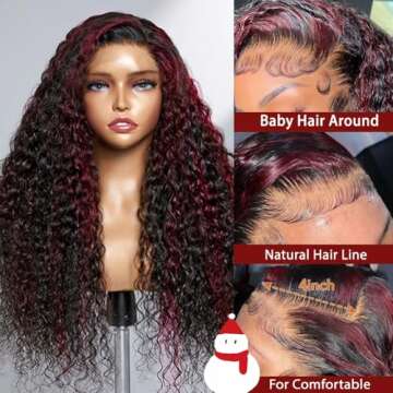 26inch Skunk Stripe Wig Burgundy With Black Highlights Deep Wave Lace Front Wig Human Hair 13X4 Bala...