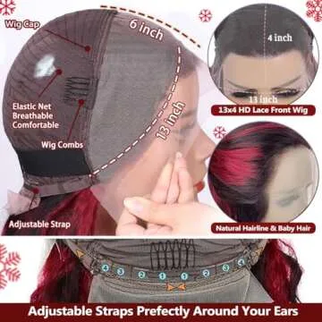 26inch Skunk Stripe Wig Burgundy With Black Highlights Deep Wave Lace Front Wig Human Hair 13X4 Balayage HD Lace Colored Wet And Wavy Wigs Pre Plucked With Baby Hair 150% Density Natural Hairline