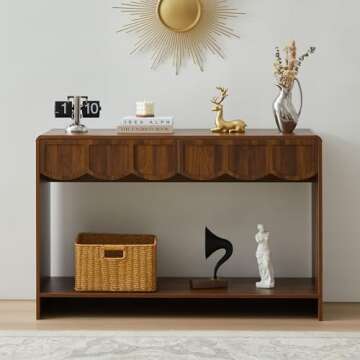 Console Table with Drawers, Mid-Century 43 Inches Narrow Entryway Table with Open Storage Shelves, Hallway Accent Table Behind Couch Table for Living Room - Walnut