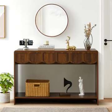 Console Table with Drawers, Mid-Century 43 Inches Narrow Entryway Table with Open Storage Shelves, Hallway Accent Table Behind Couch Table for Living Room - Walnut