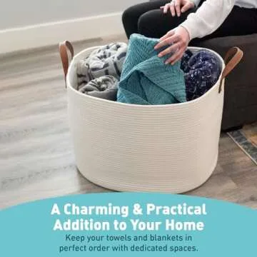 Sweetzer & Orange Extra Large Woven Cotton Rope Storage Basket – 23”x20.5”x15.5” w/Vegan Handles - Blanket Storage Baskets, Laundry and Toy Storage, Nursery Hamper - Off White XXL for Living Room