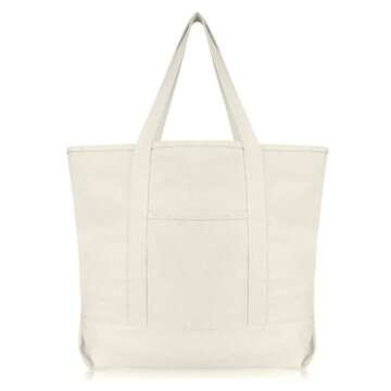 DALIX 22" Large Cotton Canvas Zippered Shopping Tote Grocery Bag in Natural