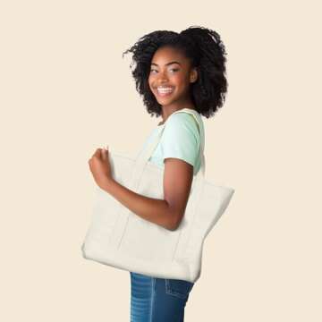 DALIX 22" Large Cotton Canvas Zippered Shopping Tote Grocery Bag in Natural