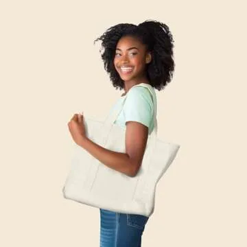 DALIX 22" Large Cotton Canvas Zippered Shopping Tote Grocery Bag in Natural